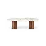 Delosita Marble Top 6-Seater Dining Table brings together an oval marble top and warm wood grain on a white background.