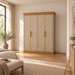 Dolbarino 4 Door Wooden Wardrobe against a bedroom wall: a wood-tone base, four beige door panels and brass-tone handles.