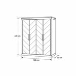 Dolbarino 4 Door Wooden Wardrobe: 180 cm wide and 220 cm high, with chevron-patterned doors outlined in the size diagram.
