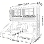 DualToppy Wooden Kids Bunk Bed with Slide size diagram labels a 210 cm upper frame, two lower beds and a bedside cabinet.