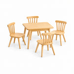 Dukyshola Wooden Kids Table with 4 Chairs shown with circular wooden seats, spindle-back chairs and splayed round legs.
