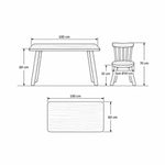 Dukyshola Wooden Kids Table with 2 Chairs drawing with a rounded wood tabletop, labelled 100 cm wide and 60 cm high.