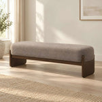 Dynovy Grey Upholstered Wooden Bench product photo showing padded seat and rounded upholstery in a clean studio setting.