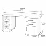 Elanoro Curved Manicure Table diagram showing three drawers above a cupboard, with 135 cm wide, 60 cm deep and 80 cm high.