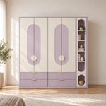 Elegitora lavender 4 Door Wardrobe with Shelves brings together circular pulls and a narrow shelf tower in a sunlit bedroom.