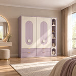Elegitora lavender 4 Door Wardrobe with Shelves combines a narrow shelf tower with circular pulls against a bedroom wall.