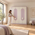 Elegitora Lavender 4 Door Wardrobe, a lavender border and a four-door front, with a woman at the front of the wardrobe.
