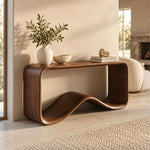 Close-up of Emmowavy Wooden Console Table, highlighting rounded rectangular frame with its construction clearly visible.