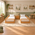 Eskilona Wooden Kids Twin Bed with Nightstand featuring two separate slatted bed frames in a clear product photograph.