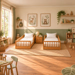 Close-up of Eskilona Wooden Kids Twin Bed with Nightstand, highlighting vertical slatted footboards in a modern home setting.