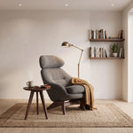 Alternate angle of Examon Upholstered Lounge Accent Chair, showing plush cushions with its construction clearly visible.