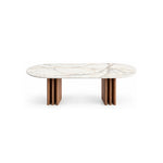 Ezzimora Marble Top 6-Seater Dining Table: paired grooved panel legs, pale surface veining and a rounded tabletop edge.