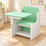 Ezzolora Mint and White Kids Chair Study Desk, detailed with white shaped side panels among playroom books and toys.