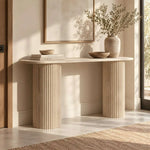 Close-up of Fabilora Wooden Console Table, highlighting fluted cylindrical supports to show the product's overall form.