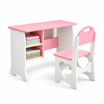 Faraliso Pink Kids Study Desk with Chair: heart-shaped chair cutouts, two left book cubbies and white shaped side panels.