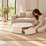 Close-up of Fidorina Round Marble Coffee Table with Storage, highlighting round veined tabletop in a modern home setting.