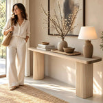 Close-up of Flumoly Wooden Console Table, highlighting elongated rectangular tabletop for room layout and styling ideas.