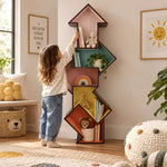 Close-up of Freccia Arrow Kids Bookcase, highlighting arrow-inspired design in a clean, contemporary kids room setting.