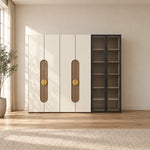 Furnilora 6 Door Wardrobe with Storage Cabinet combines cream cabinet doors with elongated accent panels in a sunlit bedroom.