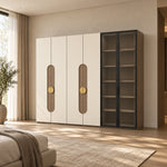 Furnilora 6 Door Wardrobe with Storage Cabinet pairs cream cabinet doors with dark-framed glass shelving in a sunlit bedroom.