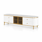 Furnilosa White Marble Top TV Unit: four side drawers, slim gold-tone legs and rounded fluted ends on a white background.
