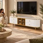 Furnilosa White Marble Top TV Unit beside a woman in a sunlit furnished living room, featuring rounded fluted ends.