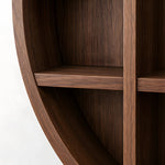 Girovy Round Wooden Bookshelf product view showing round frame, three-section layout, and multiple open compartments.
