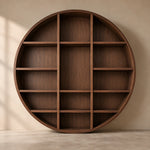 Girovy Round Wooden Bookshelf product photo showing round frame and three-section layout in a clean studio setting.