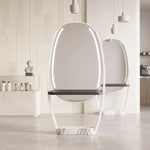 Givoria White Salon Mirror Stand product photo showing arched mirror and integrated styling shelf in a clean studio setting.