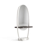Alternate view of Givoria White Salon Mirror Stand, showing arched mirror, integrated styling shelf, sturdy base, design.