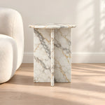 Gizimora Marble Side Table featuring round tabletop with a light marble-look appearance in a clear product photograph.