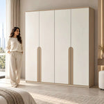 Alternate angle of Gurmovy 4 Door Wooden Wardrobe, showing distinctive arched handle detailing in a modern home setting.