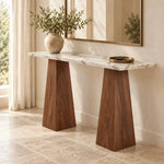 Close-up of Hadlino Marble Console Table, highlighting marble Top with Engineered Wood for a modern entryway interior.