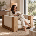 Close-up of Hantilano Beige Accent Chair, highlighting loose back cushion in a clean, contemporary living room setting.