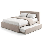 Hensylona Taupe Kids Trundle Bed: a plain padded headboard, taupe upholstery and white quilted bedding on a white background.