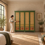 Herylosara Green 4 Door Cabinet, four decorative doors and floral lower panels, beside a woman reaching toward the door.