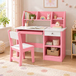 Homkona Pink Kids Study Desk with Chair featuring a pink storage hutch alongside a white desktop beside a playroom window.