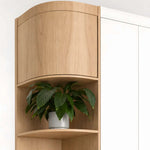 Close-up of Ilosoa 2 Door Wooden Wardrobe with Curved Shelves, highlighting curved side profile in a modern home setting.