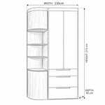 Ilosoa 2 Door Wooden Wardrobe with Curved Shelves size guide lists 135 W x 45 D x 215 H cm to help plan fit in the bedroom.