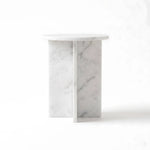 Alternate view of Inolisy White Marble Side Table, showing round top with a white-grey and warm beige marble-look appearance.