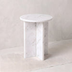 Inolisy White Marble Side Table product view showing an intersecting slab base with the finish and form clearly visible.