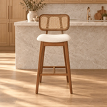Julsenro Wooden Cane Back Bar Stool featuring woven cane backrest in a clear product photograph in a modern home setting.