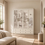 Jungosy 4 Door Wardrobe with Drawers displays a classic cornice together with four lower drawers against a bedroom wall.