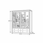 Jungosy 4 Door Wardrobe with Drawers size sketch showing animal illustrations; 185 cm wide, 55 cm deep and 220 cm high.