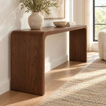 Alternate view of Kayalosa Wooden Console Table, showing u-shaped base with rounded corners in a balanced home interior.