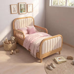 Alternate angle of Kersho Oak Kids Toddler Bed with Safety Rails, showing rounded edges for room layout and styling ideas.