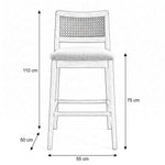 Kinsondra Wooden Cane Back Bar Stool dimension guide showing 55 W x 50 D x 110 H cm for dining room layout planning.