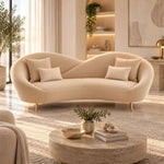 Koshlora Beige Curved 3 Seater Sofa product view showing curved backrest in a clean, contemporary living room setting.