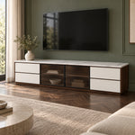 Labeliny White Marble Top TV Unit, detailed with a walnut-brown frame and white drawer fronts beside living room seating.
