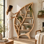Additional view of Leafora Leaf-Shaped Wooden Bookshelf, showing five spacious open shelf levels in a modern home setting.